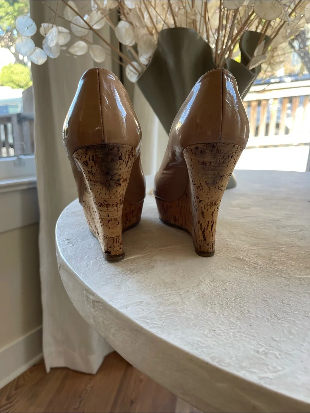 Miu Miu Nude Patent Cork Peep-Toe Wedge Pumps